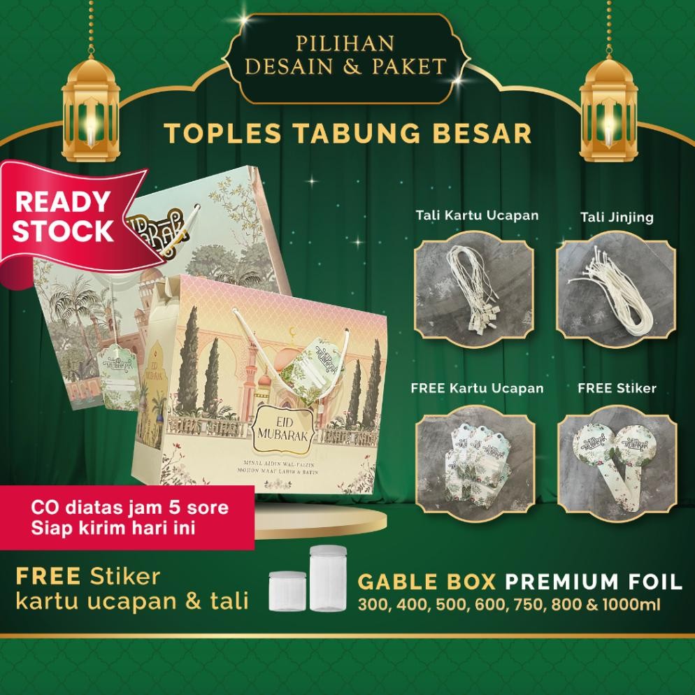 

Me41 AS25 Gable Box Kotak Hampers Lebaran Idul Fitri Toples Tabung Besar Premium Finishing Foil Gold Timbul Ukuran (27x9x21,6 Cm) Muat Toples Tabung (300ml, 400ml : 6 Toples) Atau (500ml, 600ml, 750ml, 800ml Dan 1000ml : 3 Toples) Murah Terlaris