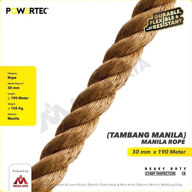 

Terlaris Tali Tambang Manila Rope 30 Mm X 190 M X 105 Kg Powertec Tampar Dadung Ready Stok