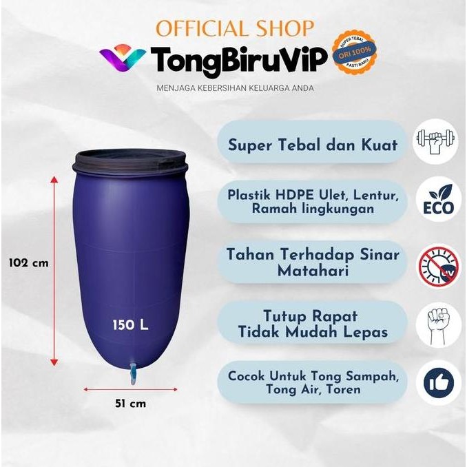 Tersedia Tong Air 150L + Kran Drum Air Biru Tebal Termasuk Tutup & Seal