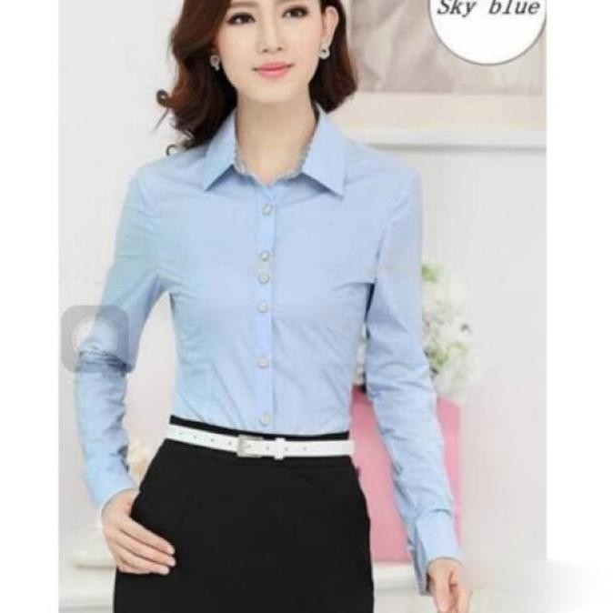ATASAN KEMEJA WANITA SKY BLUE BIRU MUDA KATUN STRETCH BIRU LANGIT (telor asin) LENGAN PANJANG Baju k