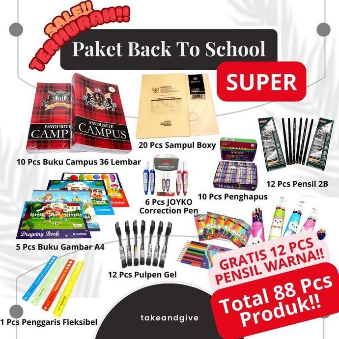 

Paket Back To School 88Pcs!! Gratis 12 Pcs Pensil Warna!! 10Pcs Buku Campus + 5Pcs Buku Gambar A4 + 12Pcs Pulpen Gel + 12Pcs Pensil 2B + 10Pcs Penghapus + 20Pcs Sampul Boxy + 6Pcs Correction Pen Joyko + 1Pcs Penggaris Fleksibel | Alat Tulis Anak Sekolah