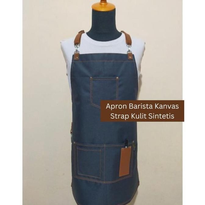 Apron Barista Bahan Canvas Strap Kulit Sintetis Premium