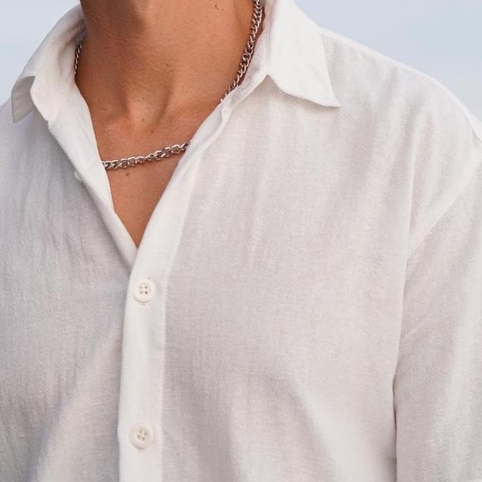 DMS Kemeja Pria Linen Katun Angel Canggu Series Kemeja Pantai Putih Casual Lengan Pendek Polos Beach