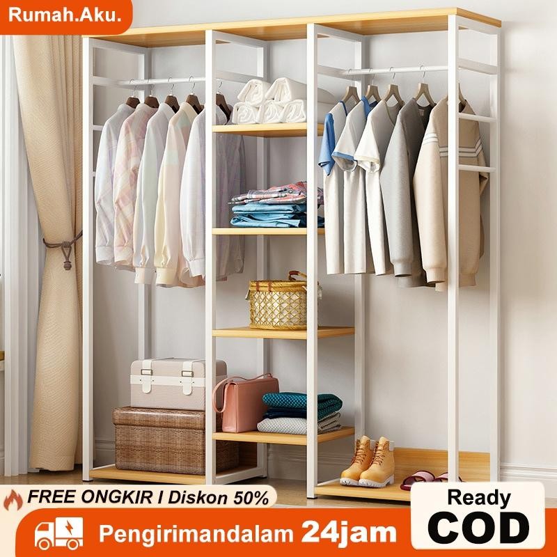 Rak Gantungan Baju Besi Terbuka/Rak Baju Kayu 5 Susun/Stand Hanger Besi
