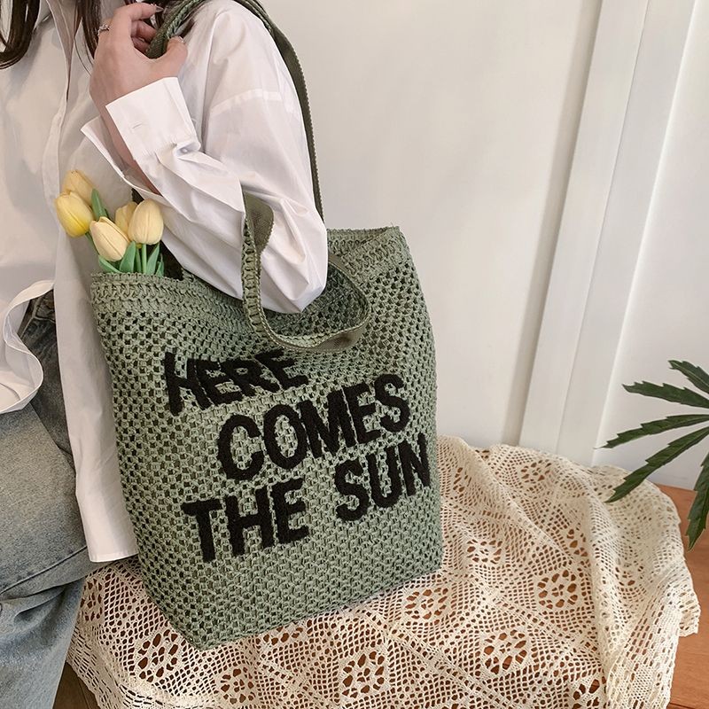 Tas Pantai Wanita Anyaman Huruf Kapasitas Besar Fashion Serbaguna Ringan Tas Bahu