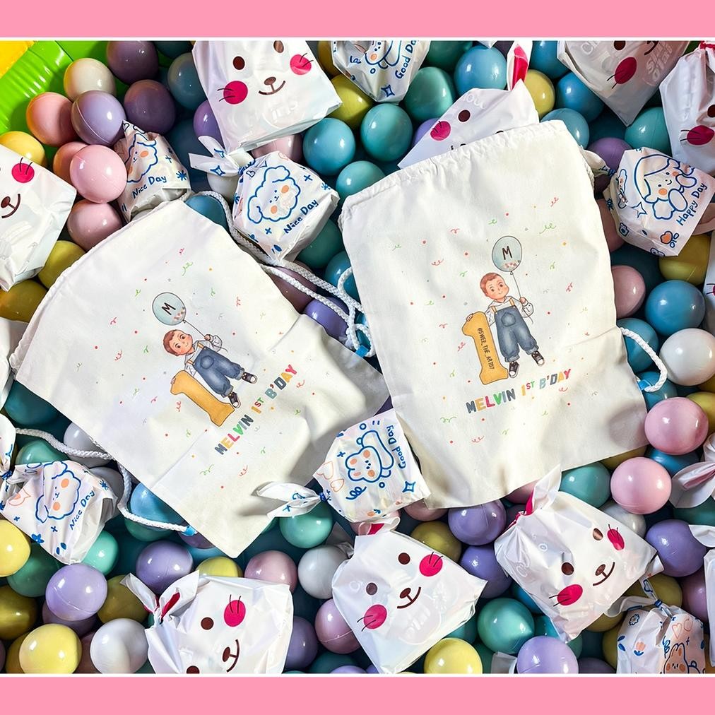 

Tas ransel custom serut belacu / tas ulang tahun desain suka-suka / goodie bag ultah custom ukuran 30x40 Nugi