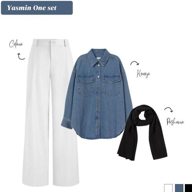 Yasmin Setelan Wanita Hijab berhijab ( Atasan Baju Kemeja Denim Jeans Lembut + Bawahan Celana Kulot 