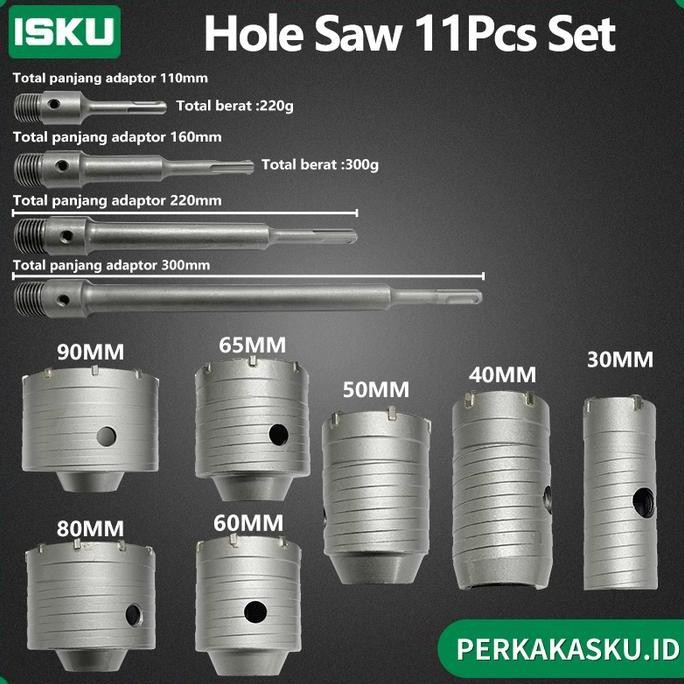 ISKU Hole Saw 11pcs Set Hollow Core Saw 30-90MM Mata Bor Hole Saw Lubang Tembok Beton Pelubang Beton
