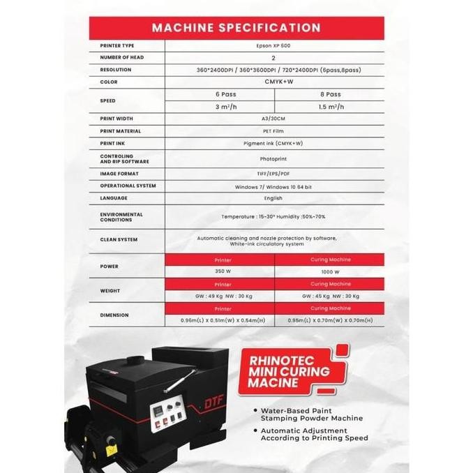 Printer DTF A3 dan Curing Rhinotec A3 DTF Roll To Roll High Quality murah