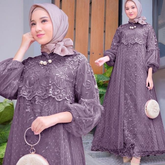 Dress Kebaya Jumbo wanita Muslim model gamis maxi terbaru bahan Premium Bunga Polos Bordir Mutiara N