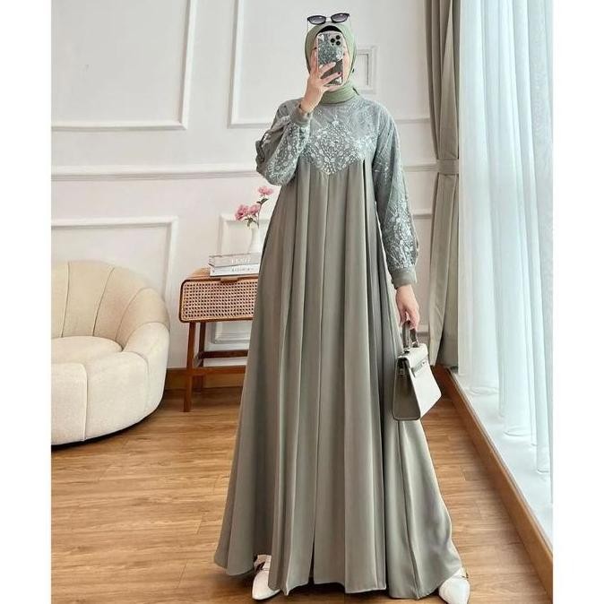 Gamis Kondangan Terbaru Brukat Jumbo Ld 120 Dress Ceruty Babydoll Mix Brokat Mewah Elegan Baju Gamis