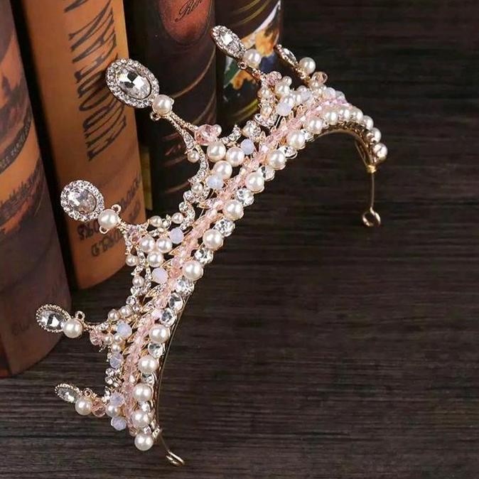 Mahkota Vella Tiara Princess - Mahkota Mewah Kristal Pink Untuk Aksesoris Rambut Pengantin Gold LJ