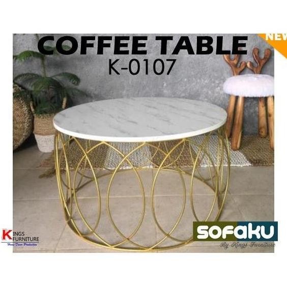 TERBARU COFFEE TABLE K-0107 - LARIS MEJA KOPI MARMER PUTIH KAKI BESI EMAS ULIR