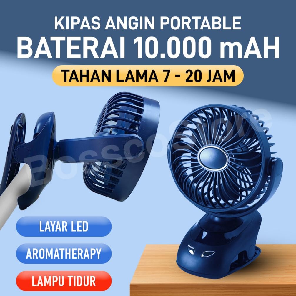 Terlaris Bossco Kipas Angin Portable Original 10000 Mah 5 Speed Dapat Dijepit/Gantung/Taruh Di Meja 
