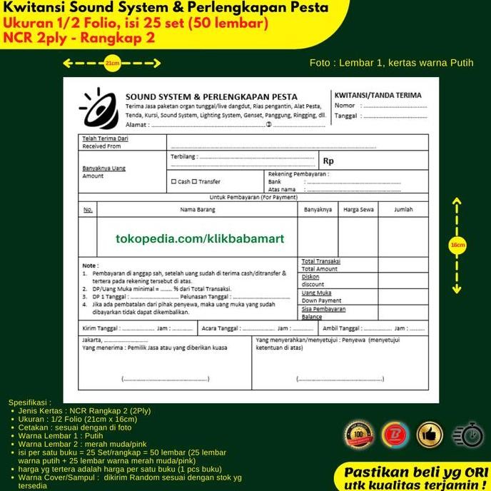 

Kwitansi Sound System & Perlengkapan Pesta 1/2 Folio Rangkap 2