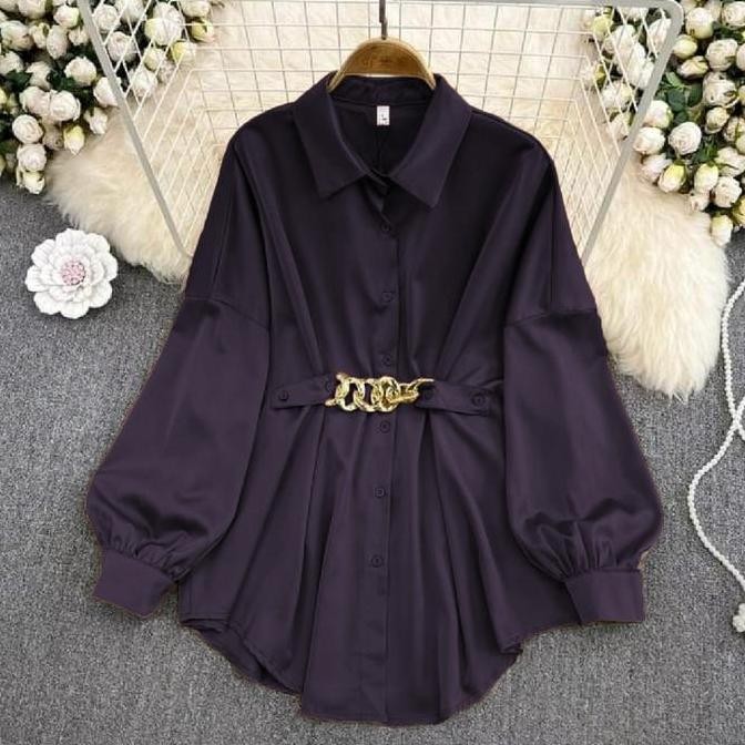 NANINU Safaraz Kemeja Wanita Polos Motif Rantai Lengan Balon Korean Style MELDA Oversize Jumbo  M L 