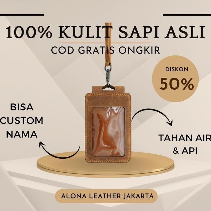 

Alona Leather Berly Id Card Kulit Sapi Asli Tali Lanyard Custom Nama Original