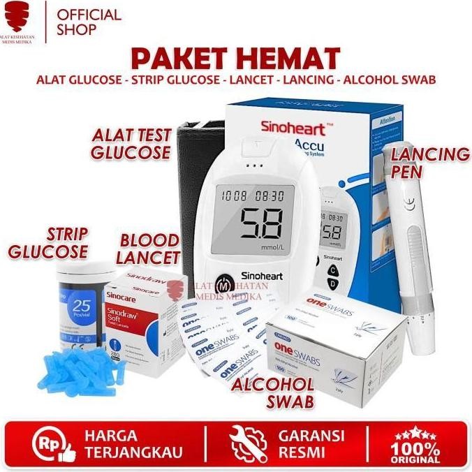 PAKET HEMAT SINOCARE SAFE-ACCU ALAT CEK GULA DARAH LENGKAP TEST UJI GLUCOSE SAFE ACCU SINOHEART MEDI