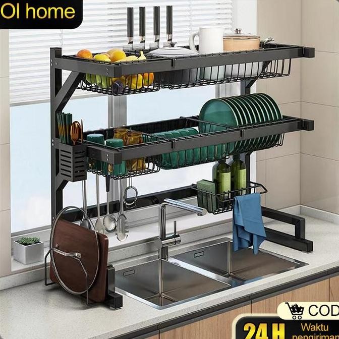 Rak Diatas Wastafel Stainless Hitam Rak Penyimpanan Piring Rak Dapur Cuci Piring