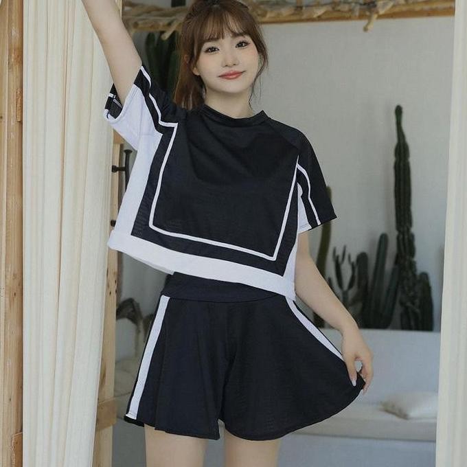 TERMURAH - Baju Renang Import Wanita Set Kaos Celana Hitam Putih Jumbo Big Size