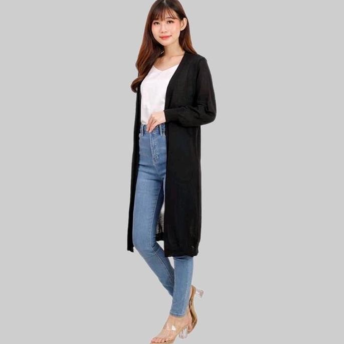 Cardigan Rajut Panjang Wanita Model Long Coat Korean Basic Polos Simple Black Hitam Cantik Knitwear 