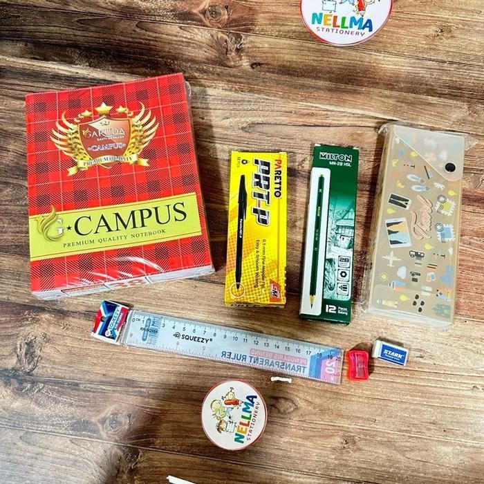 

SWG Paket Alat Tulis 7 in 1 dalam satu paket Buku caver sampul Coklat 38 lembar isi 10 buku+Pulpen+pensil +penghapus+rautan+penggaris dan Tempat pensil