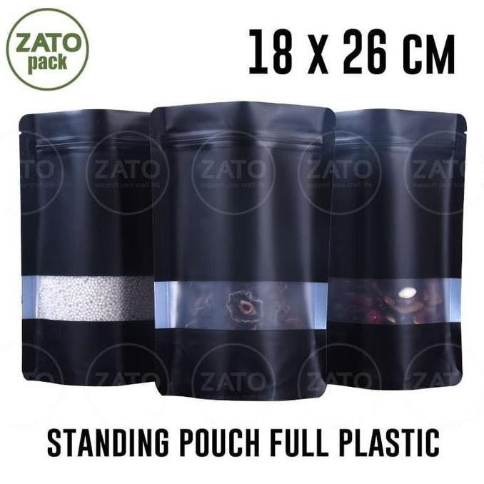18x26 - 50 pcs BLACK STANDING POUCH FULL PLASTIC - kemasan packaging bungkus standing pouch ZATOPACK