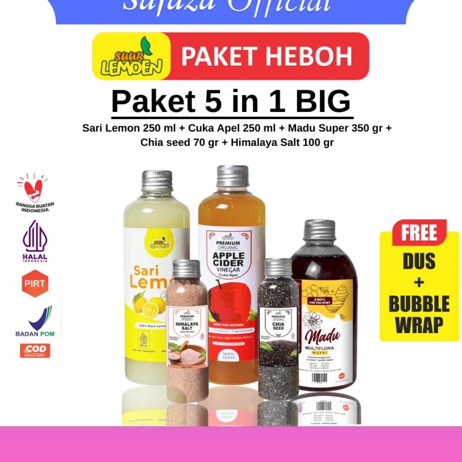 

Paket Detox 5In1 Paket Hemat Cuka Apel Sari Lemon Chiaseed Madu Hutan Garam Himalayabpom Halal