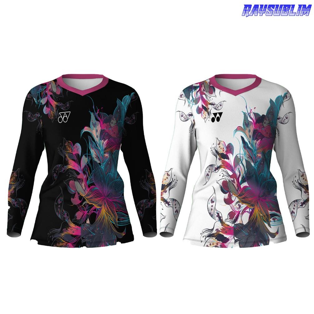 Baju Kaos Jersey Wanita Badminton Bulutangkis Olahraga Lengan Panjang Motif Bunga Printing Nugi