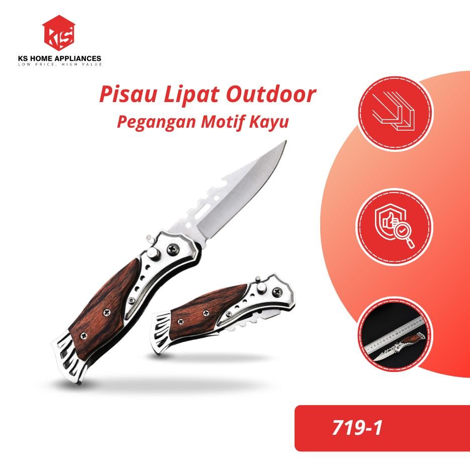 KS Pisau Lipat Outdoor Pegangan Motif Kayu Knife Stainless Pocket Premium Nugi