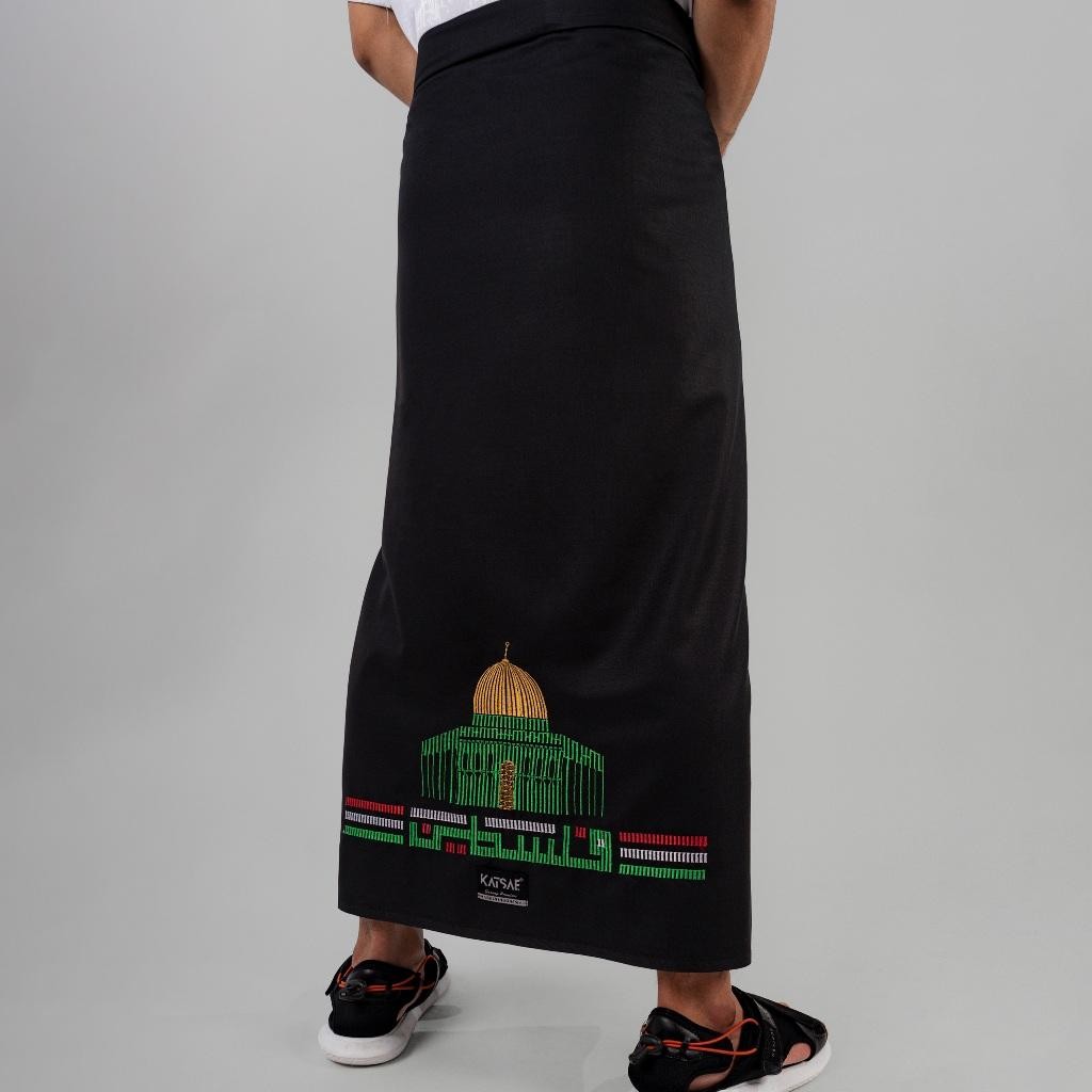 Sg Katsae - Sarung Bordir Motif Al-Quds Palestina 100% Timbul Sarung Pria Dewasa Sarung Sholat Hitam