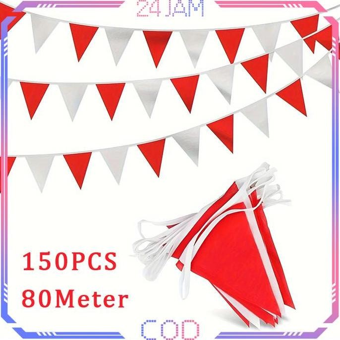 150pcs Bendera Merah Putih Segitiga Kain 80 Meter Bendera Segitiga Merah Putih Bendera Warna Warni m