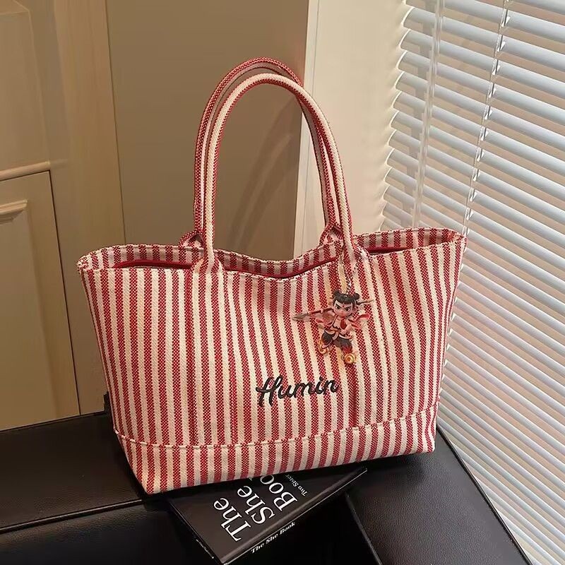 Tas Kanvas Bergaris Fashion Wanita Kapasitas Besar Serbaguna Tas Bahu Tas Tangan