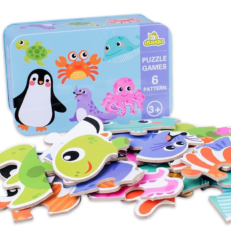 Dgf-4 Duoqu Puzzle Games 6 Pattern | 6In1 Wooden Jigsaw Puzzle In A Tin Box | Puzzel Kayu Kotak Kale