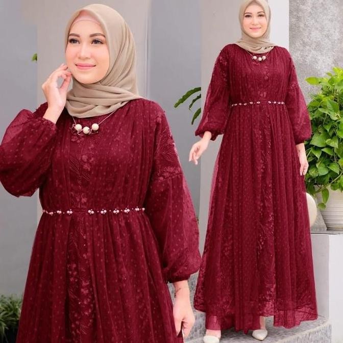 Gamis Salina Tile Mutiara Busui Dress dengan Tangan Wudhu Friendly dan Aksesoris Mutiara di Pinggang