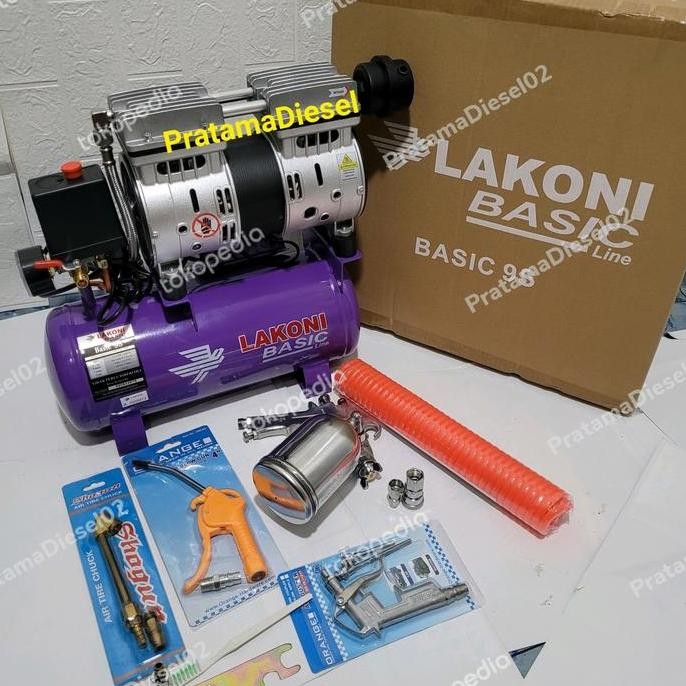 Paket Kompresor Lakoni Listrik Oiless Basic 9+Spraygun F75+Slang 6Mtr