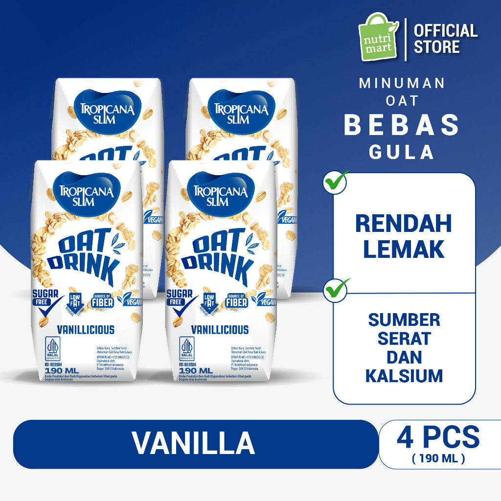

4 Pack - Tropicana Slim Oat Drink Vanillicious Vanilla 190 ml (RTD) - Minuman Oat Bebas Gula