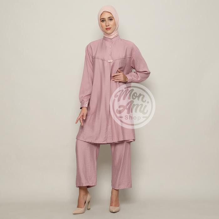 Azalea Setelan Celana Panjang Tunik Atasan Muslim Wanita Bahan Katun Turkish Linen Ld 110 - 120 Ukur