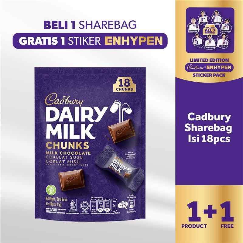 

[B1G1] Beli 1pcs Cadbury Dairy Milk Cokelat Sharebag Isi 18, GRATIS 1pcs Sticker Enhypen [LIMITED EDITION] | Cokelat Susu Original Premium Cemilan Favorit Keluarga