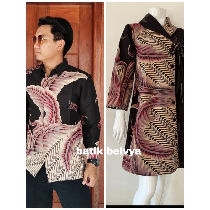 set couple batik motif bulu / Batik sragen sogan/ batik tulis  lawasan / batik solo modern/ kemeja s