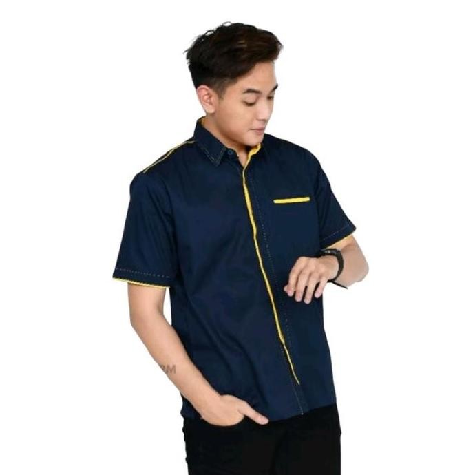 Kemeja Pria Wanita Navy Lis Kuning Tangan Panjang Pendek Seragam Baju Dewasa Kerah