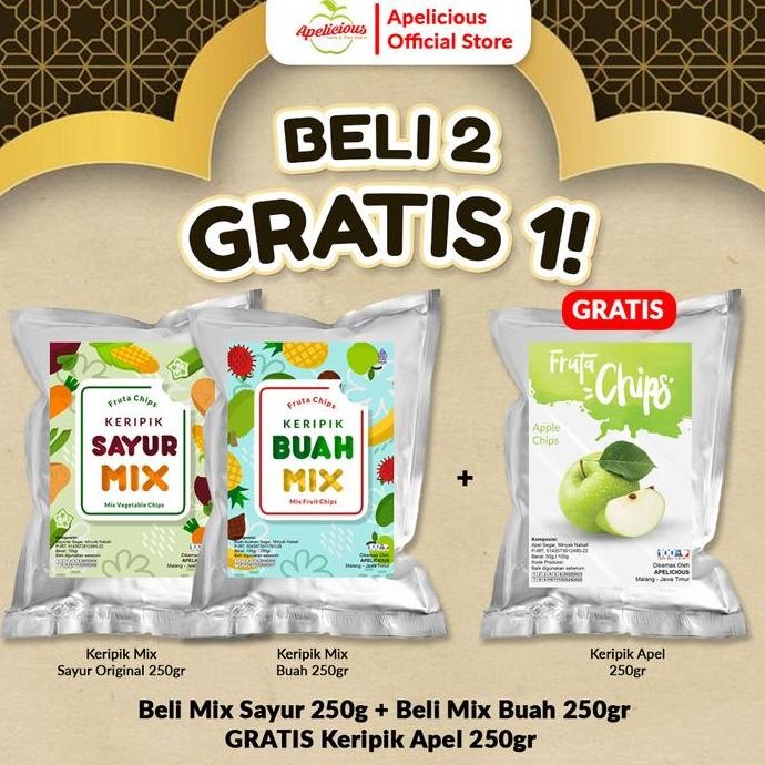

APELICIOUS KERIPK SAYUR MIX ORIGINAL 250g + KERIPIK BUAH MIX 250gr GRATIS KERIPIK APEL 250gr - Food, Snack