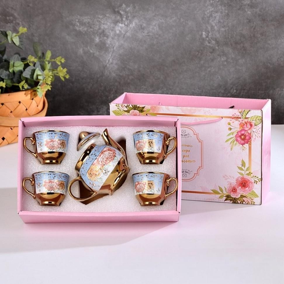 Cangkir Teko Keramik Retro Jadul Vintage Classic Set 4 Cups 1 Pot European Style Hampers Ramadhan Le