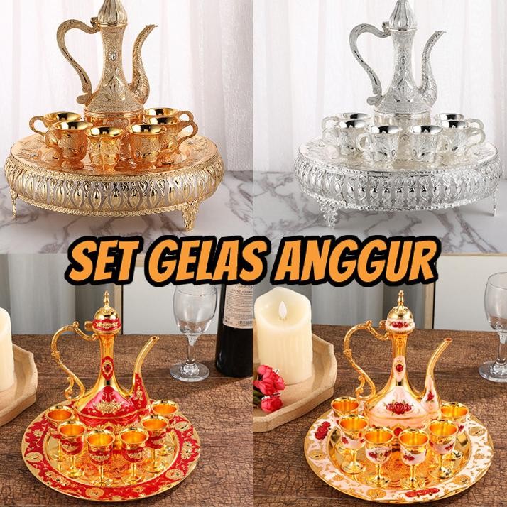 8Pcs Teko Arab Aladin Setornamentset Gelas Anggur Emas Teko Arab Aladin Gold Kendi Gelas Anggur Emas