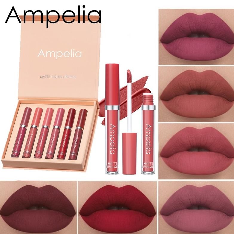 (Terbaru) BPOMAmpelia Lipstik paket 6 warna Makeup Set Matte Liquid Lipstick 6pcs Lip gloss Lipstik 