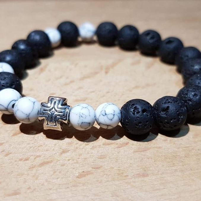 Gelang Rosario Batu Alam Asli , Lava Stone , Howlite , Perak