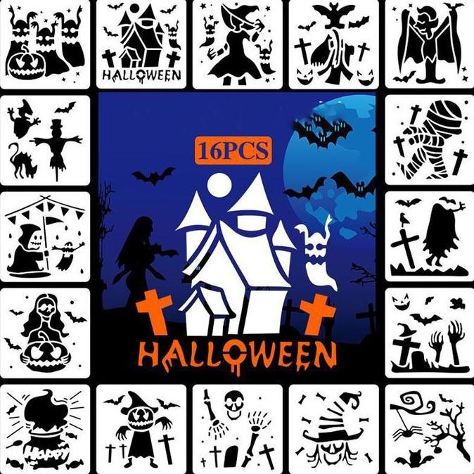 

12/16Pcs Stensil Dekorasi Motif Halloween Decoration Halloween Pumpkin Penyihir Kelelawar