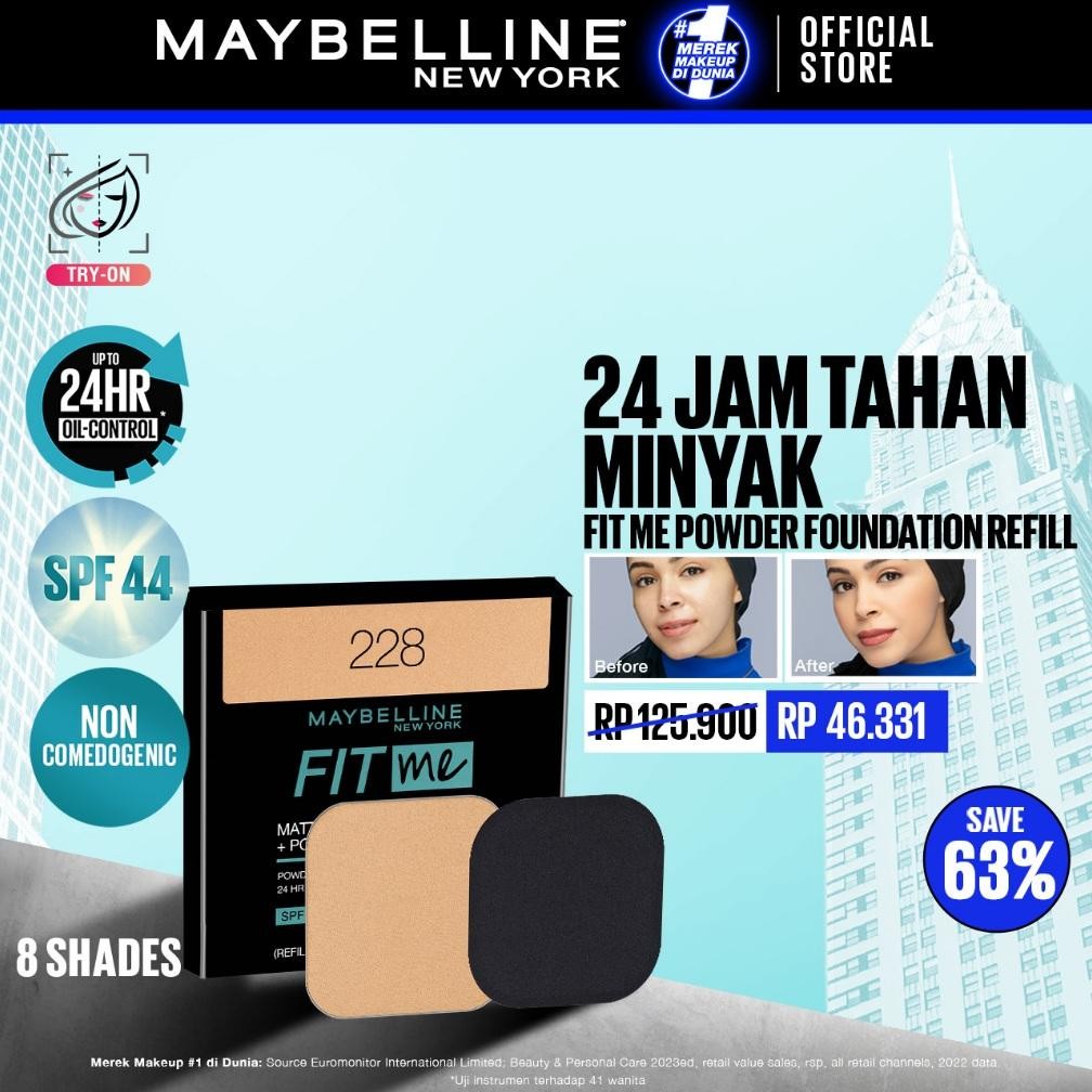 (Terbaru) MAYBELLINE OFFICIAL Fit Me 24HR (Refill) Oil Control Powder Foundation 9gr - Makeup Bedak 