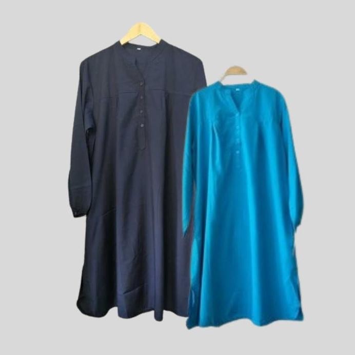 New Tunik muslim polos katun viscose atasan jumbo biru elektrik - navy - jeans atasan wanita Kancing