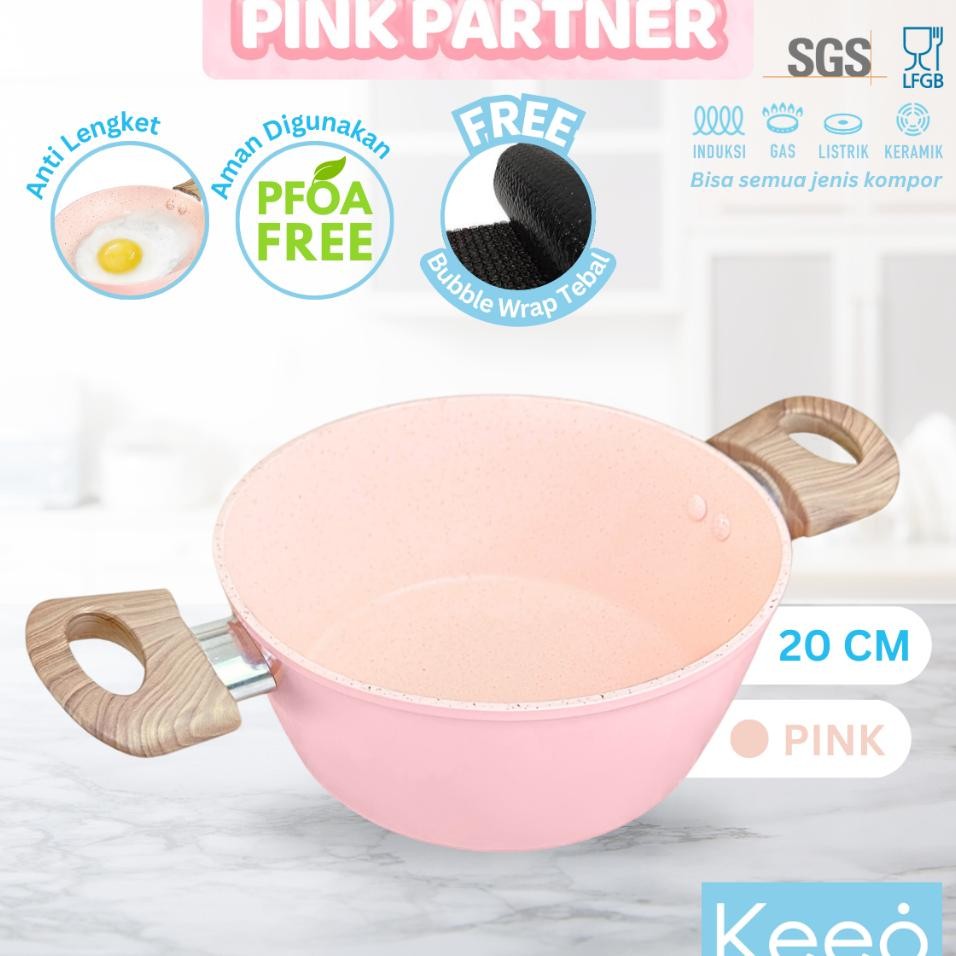 Keeo 20 Cm Panci Casserole Pan Anti Lengket Marble Granit 2 Gagang Pink